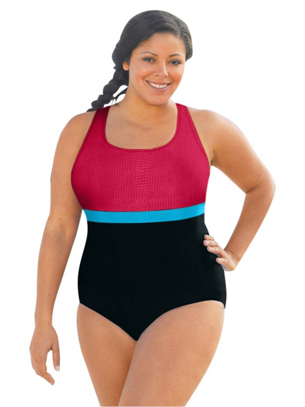 CHLORINE RESISTANT AQUAMORE
RASPBERRY COLOR BLOCK TEXTURED
SWIMSUIT SIZE 22 NEW